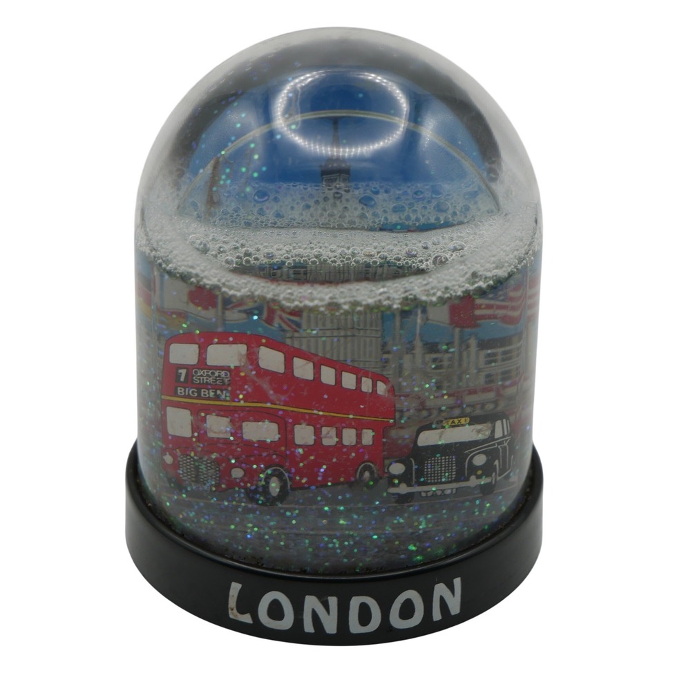 Vintage London Souvenir Snow Globe Red Double Decker Bus Big Ben Glitter Dome